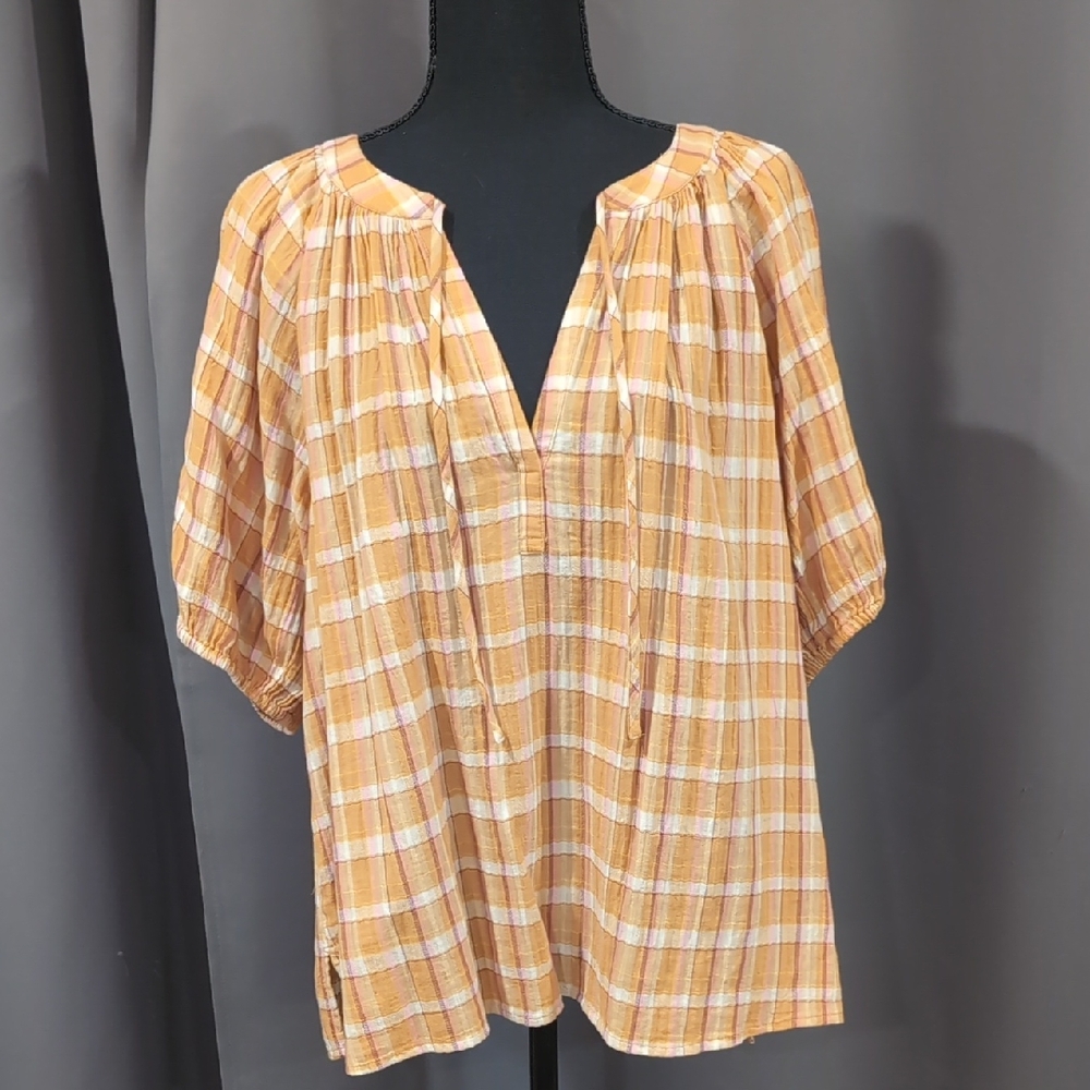 LOFT Checkered Blouse in Peach and Cream